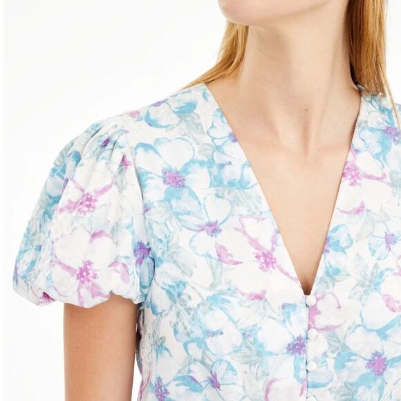 RAHI Floral Pouf V-Neck Button Up Top Blouse Light Blue Small - Picture 9 of 9